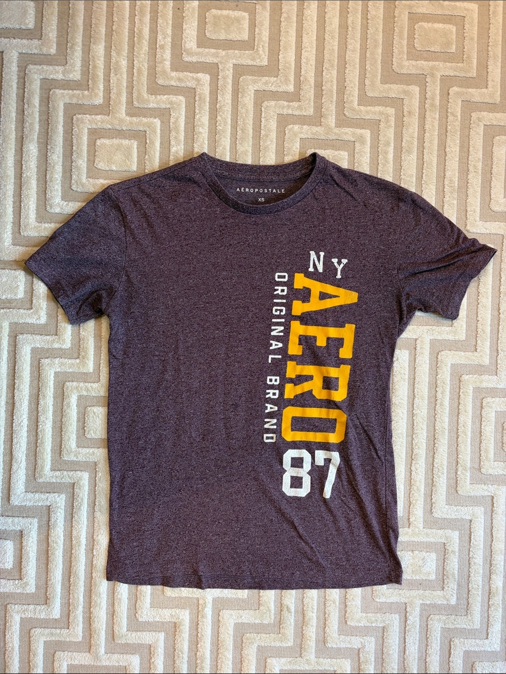 Aeropostale Men's Purple Short Sleeve Graphic Tee with Yellow & White Print